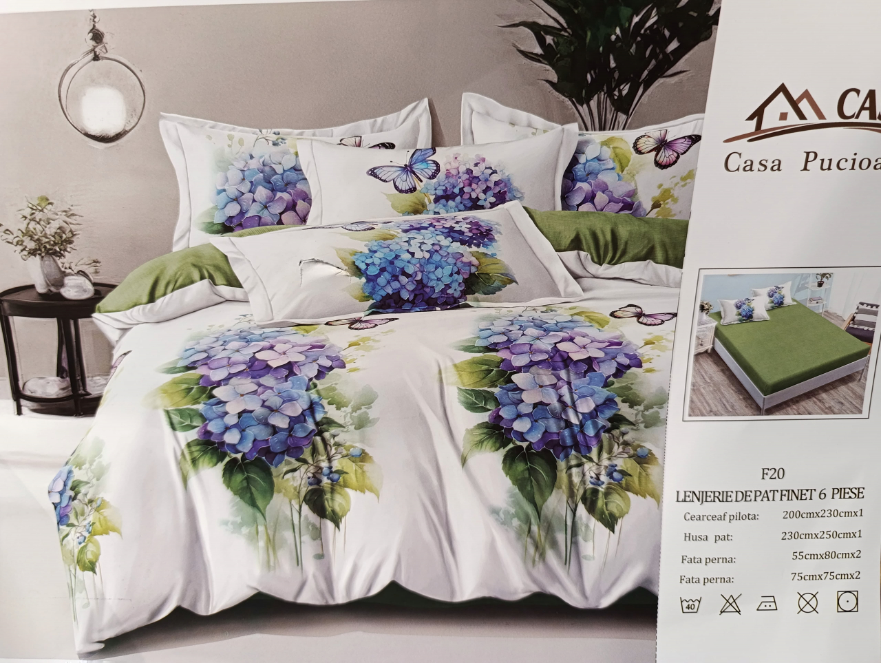 Set Lenjerie cu Elastic Pucioasa 6 piese king size Hortensie F2034 230x250cm Bumbac Finet [2]