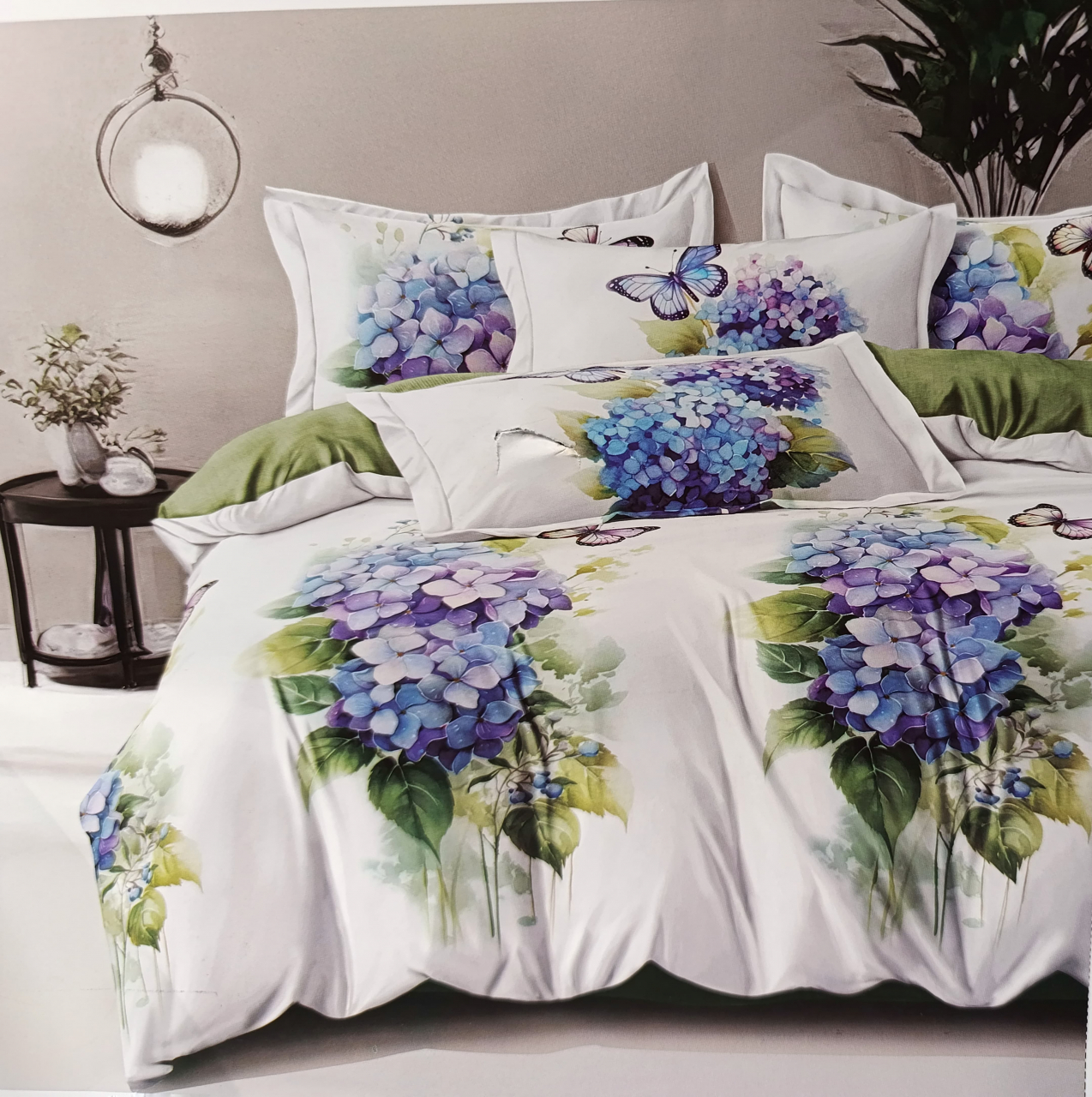 Set Lenjerie cu Elastic Pucioasa 6 piese king size Hortensie F2034 230x250cm Bumbac Finet [1]