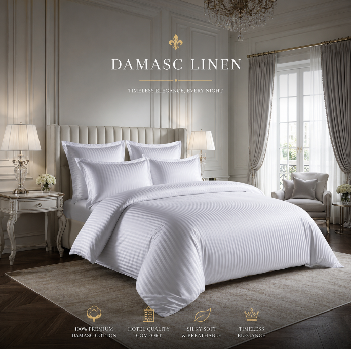 Set Lenjerie Pucioasa 6 piese King Size Damasc 230x250cm Bumbac 100% ALB Horeca [2]