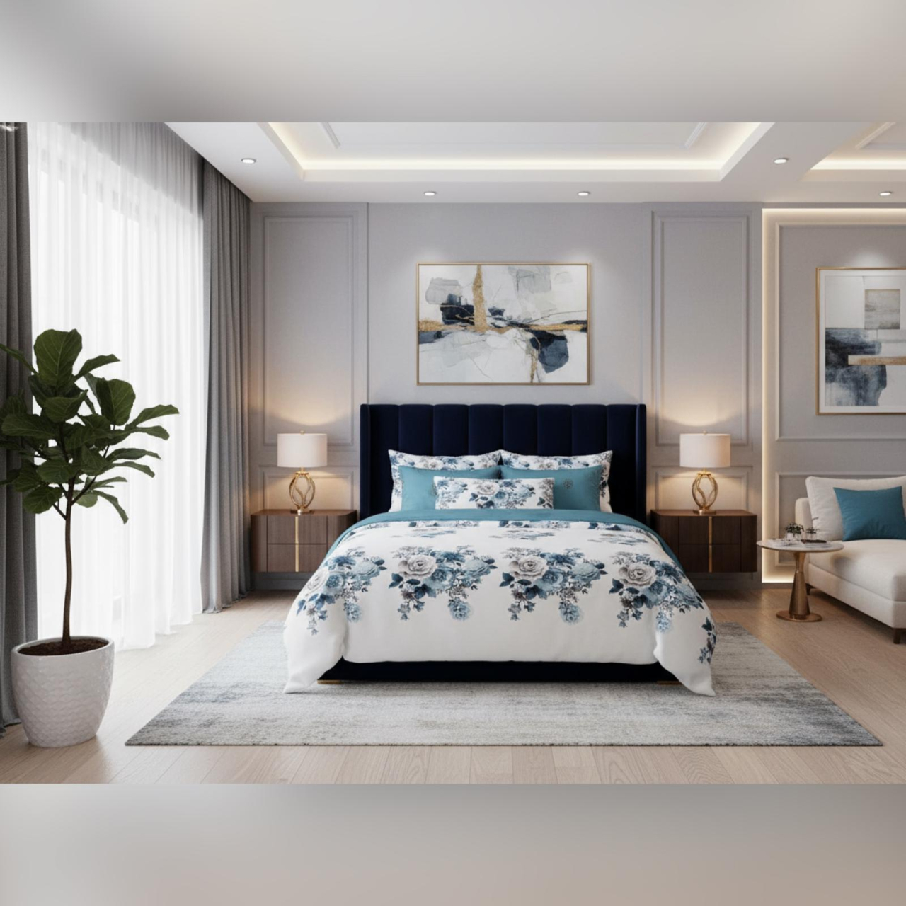 Set Lenjerie Pucioasa 6 piese King Size Trandafir Bleu F2054 230x250cm Bumbac Finet [1]