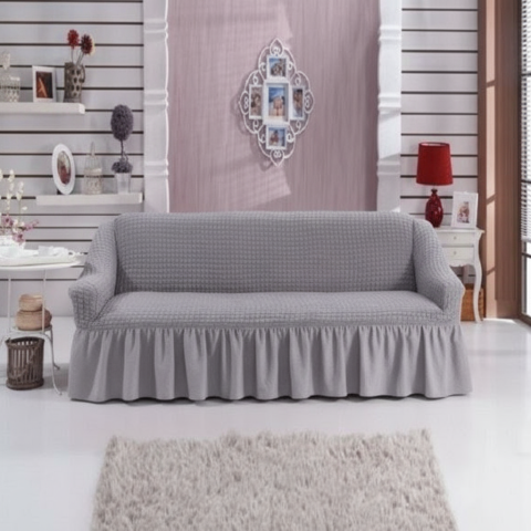 Set Huse Scaune/ Canapea/ Fotolii - Husa pentru canapea, 2 locuri, bumbac embosat Cu Volan , 135 si 175 cm latime Culoare: GRI deschis