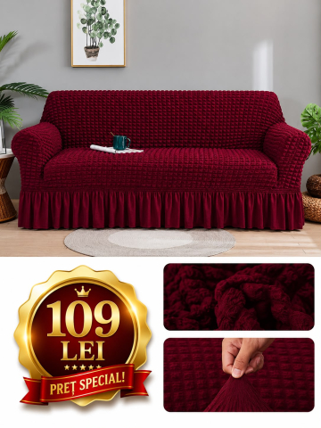 Set Huse Scaune/ Canapea/ Fotolii - Husa pentru canapea 3 locuri, bumbac embosat Cu Volan  180 cm la 225 cm