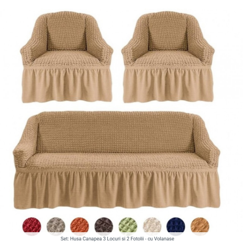 Set Huse Scaune/ Canapea/ Fotolii - Set Husa pentru canapea ( intre 180 si 225 cm ) + 2 fotolii bumbac embosat Cu Volan , 180 cm la 225 cm