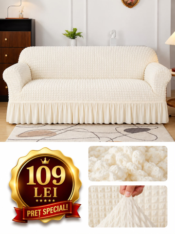 Set Huse Scaune/ Canapea/ Fotolii - Husa pentru canapea 3 locuri, bumbac embosat Cu Volan  180 cm la 225 cm Culoare: ALB