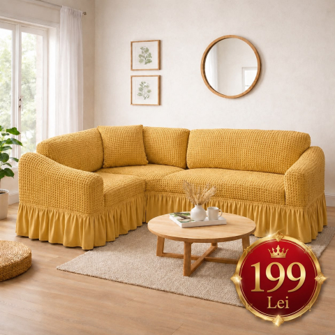 Set Huse Scaune/ Canapea/ Fotolii - Husa pentru coltar,  bumbac embosat Cu Volan  pana la 300cm pe 300 cm latime Culoare: Crem
