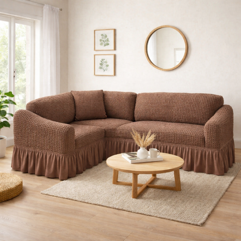 Set Huse Scaune/ Canapea/ Fotolii - Husa pentru coltar,  bumbac embosat Cu Volan , pana la 300cm pe 300 cm latime Culoare: Maron Deschis