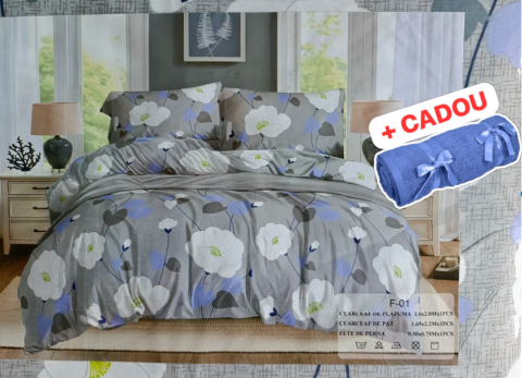 Lenjerie pat o persoana Bujor Alb Cod: S031 (170x220cm) + CADOU Prosop 50x90cm 100% Bumbac [3]