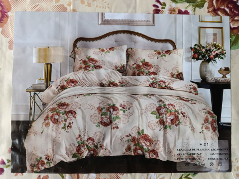 Lenjerie pat o persoana Trandafiri Bej Cod: S025(170x220cm) + CADOU Prosop 50x90cm 100% Bumbac [2]