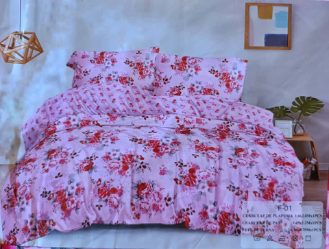 Lenjerie pat o persoana ROZ Cod: S046 (170x220cm) + CADOU Prosop 50x90cm 100% Bumbac [2]