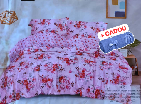 Lenjerie pat o persoana ROZ Cod: S046 (170x220cm) + CADOU Prosop 50x90cm 100% Bumbac [1]