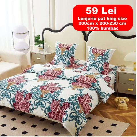 Lenjerii - Lenjerie set 4 piese ​​​​​​​King-size Bujor Q32 (200 cm x 200-230 cm)