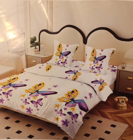 Lenjerii - Lenjerie set 4 piese ​​​​​​​King-size Fluturi Lila J10 (200 cm x 200-230 cm) - Pucioasa