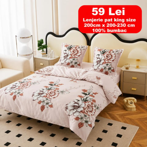 Lenjerie set 4 piese ​​​​​​​King-size Crizantema Pastel Q48 (200 cm x 200-230 cm)