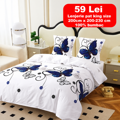 Lenjerii - Lenjerie set 4 piese ​​​​​​​King-size Fluturi Albastru Q19 (200 cm x 200-230 cm) - Pucioasa