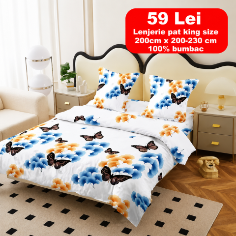 Lenjerii - Lenjerie set 4 piese ​​​​​​​King-size Fluturi Bleu J20 (200 cm x 200-230 cm)