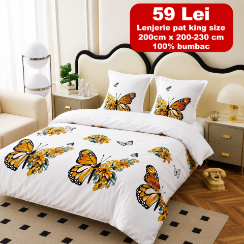 Lenjerii - Lenjerie set 4 piese ​​​​​​​King-size Fluturi Portocalii Q11 (200 cm x 200-230 cm) - Pucioasa
