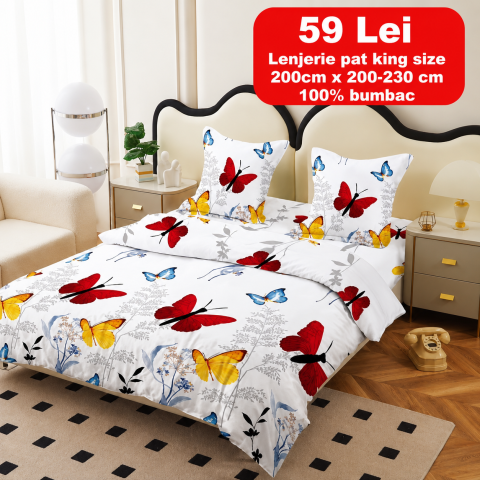 Lenjerii - Lenjerie set 4 piese ​​​​​​​King-size Fluturi Rosii Q10 (200 cm x 200-230 cm) - Pucioasa
