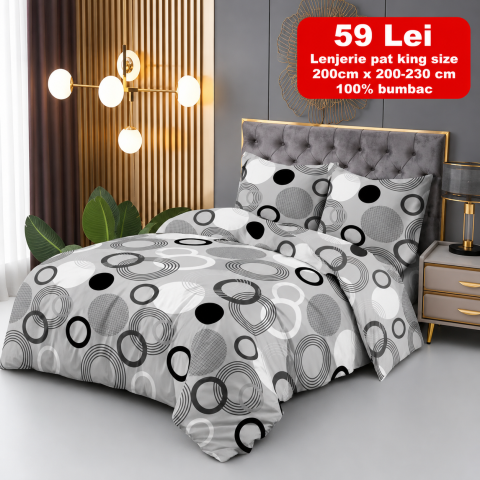 Lenjerii - Lenjerie set 4 piese ​​​​​​​King-size Inele Gri J13 (200 cm x 200-230 cm) - Pucioasa