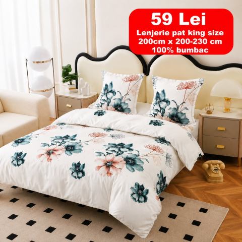 Lenjerie set 4 piese ​​​​​​​King-size Anemona Verde Q47 (200 cm x 200-230 cm)
