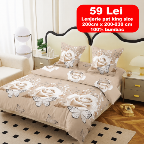 Lenjerii - Lenjerie set 4 piese ​​​​​​​King-size Trandafir Bej J3 (200 cm x 200-230 cm) - Pucioasa