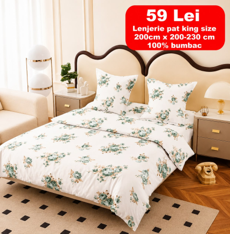 Lenjerii - Lenjerie set 4 piese ​​​​​​​King-size Trandafir Verde J16 (200 cm x 200-230 cm) - Pucioasa