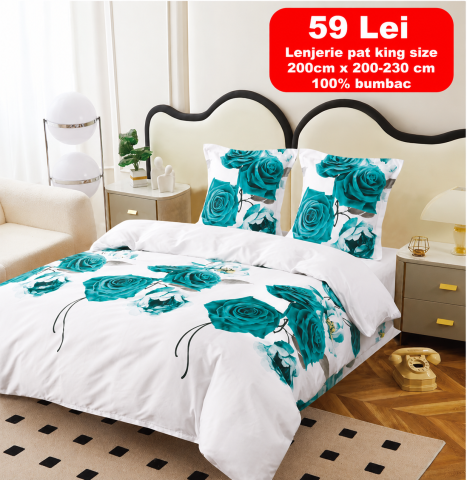 Lenjerii - Lenjerie set 4 piese ​​​​​​​King-size Turcoaz Q18 (200 cm x 200-230 cm) - Pucioasa