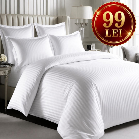 Lenjerii Damasc - Set  4 piese Lenjerie Damasc Cearceaf Elastic  King Size  200x230cm ALB