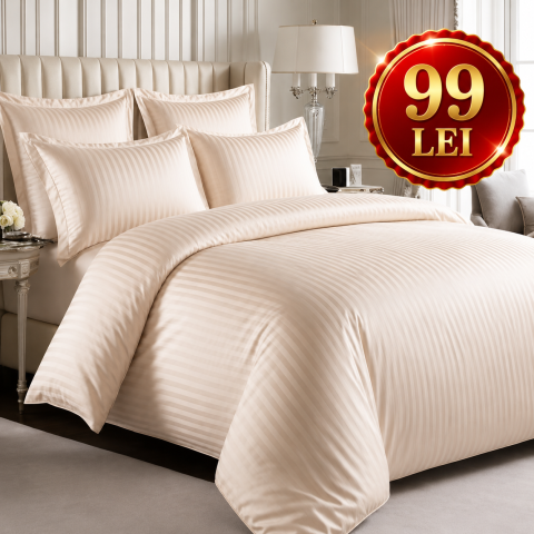 Lenjerii Damasc - Set  4 piese Lenjerie Damasc Cearceaf Elastic  King Size  200x230cm AURIU