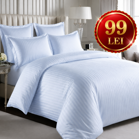 Lenjerii Damasc - Set  4 piese Lenjerie Damasc Cearceaf Elastic  King Size  200x230cm BLUE