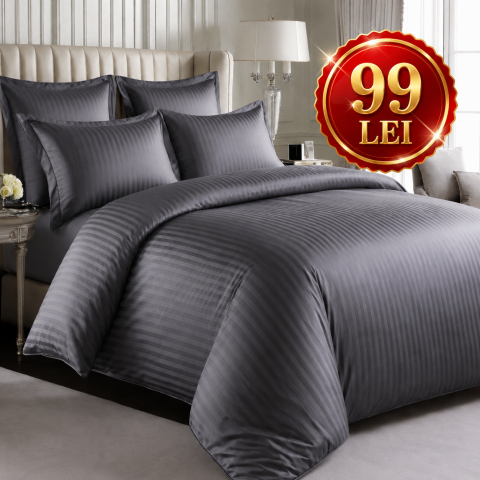 Lenjerii Damasc - Set  4 piese Lenjerie Damasc Cearceaf Elastic  King Size  200x230cm GRI