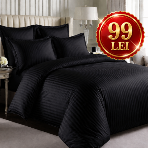 Lenjerii Damasc - Set  4 piese Lenjerie Damasc Cearceaf Elastic  King Size  200x230cm NEGRU