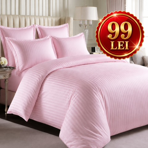 Lenjerii Damasc - Set  4 piese Lenjerie Damasc Cearceaf Elastic  King Size  200x230cm ROZ