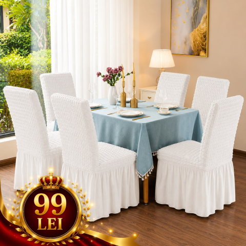Set Huse Scaune/ Canapea/ Fotolii - Set 6 Huse Scaun din Bumbac Embosat cu Volan, culoare alb
