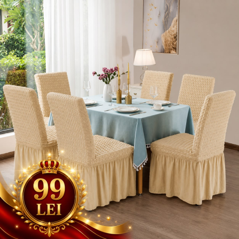 Set Huse Scaune/ Canapea/ Fotolii - Set 6 Huse Scaun din Bumbac Embosat cu Volan culoare beige
