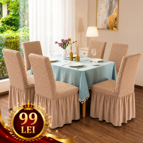 Set Huse Scaune/ Canapea/ Fotolii - Set 6 Huse Scaun din Bumbac Embosat cu Volan culoare cafea