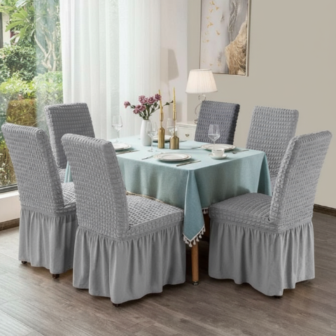 Set Huse Scaune/ Canapea/ Fotolii - Set 6 Huse Scaun din Bumbac Embosat cu Volan, culoare gri deschis