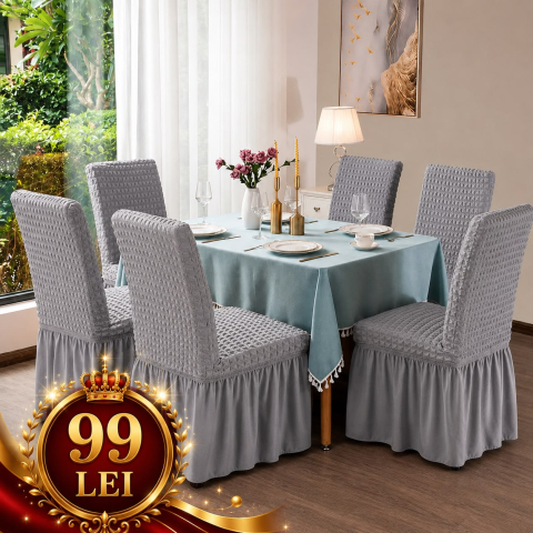 Set Huse Scaune/ Canapea/ Fotolii - Set 6 Huse Scaun din Bumbac Embosat cu Volan culoare gri deschis