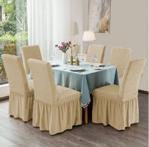 Set Huse Scaune/ Canapea/ Fotolii - Set 6 Huse Scaun din Bumbac Embosat cu Volan, culoare beige