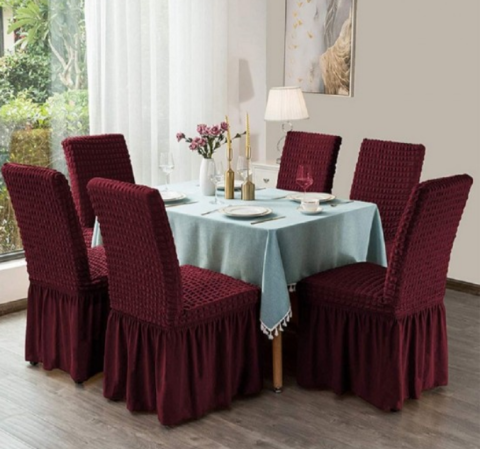 Set Huse Scaune/ Canapea/ Fotolii - Set 6 Huse Scaun din Bumbac Embosat cu Volan, culoare visiniu