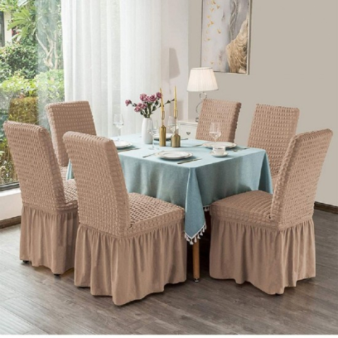 Set Huse Scaune/ Canapea/ Fotolii - Set 6 Huse Scaun din Bumbac Embosat cu Volan, culoare cafea