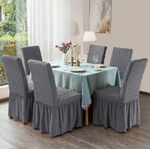 Set Huse Scaune/ Canapea/ Fotolii - Set 6 Huse Scaun din Bumbac Embosat cu Volan, culoare gri