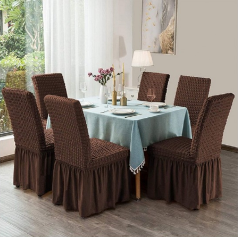 Set Huse Scaune/ Canapea/ Fotolii - Set 6 Huse Scaun din Bumbac Embosat cu Volan, culoare maron