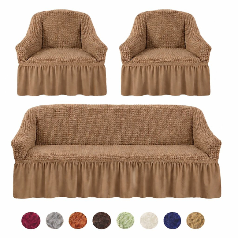 Set Huse Scaune/ Canapea/ Fotolii - Set Husa pentru Canapea ( intre 180 si 225 cm ) + 2 Fotolii bumbac embosat Cu Volan , 180 cm la 225 cm