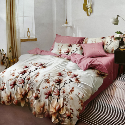 Lenjerii Finet cu Elastic - Set Lenjerie cu Elastic Pucioasa 6 piese king size Magnolie Roz F2049 230x250cm Bumbac Finet