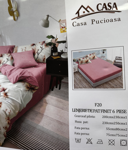 Set Lenjerie cu Elastic Pucioasa 6 piese king size Magnolie Roz F2049 230x250cm Bumbac Finet [2]