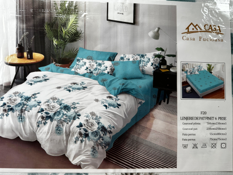 Lenjerii Finet cu Elastic - Set Lenjerie cu Elastic Pucioasa 6 piese king size BLEU ROSES F2052 230x250cm Bumbac Finet