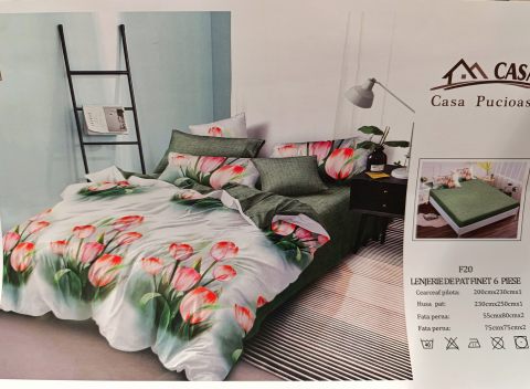 Set Lenjerie cu Elastic Pucioasa 6 piese king size Lalele F2036 230x250cm Bumbac Finet [2]