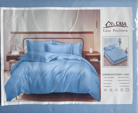 Set Lenjerie Pucioasa 6 piese king size Bleu F2008 230x250cm Bumbac Finet