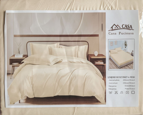 Set Lenjerie Pucioasa 6 piese king size Bej Galben F2007 230x250cm Bumbac Finet