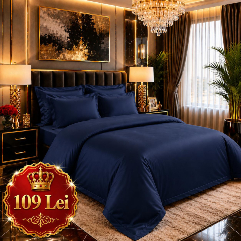 Lenjerii Finet - Set Lenjerie Pucioasa 6 piese King Size Bleumarin F2001 230x250cm Bumbac Finet